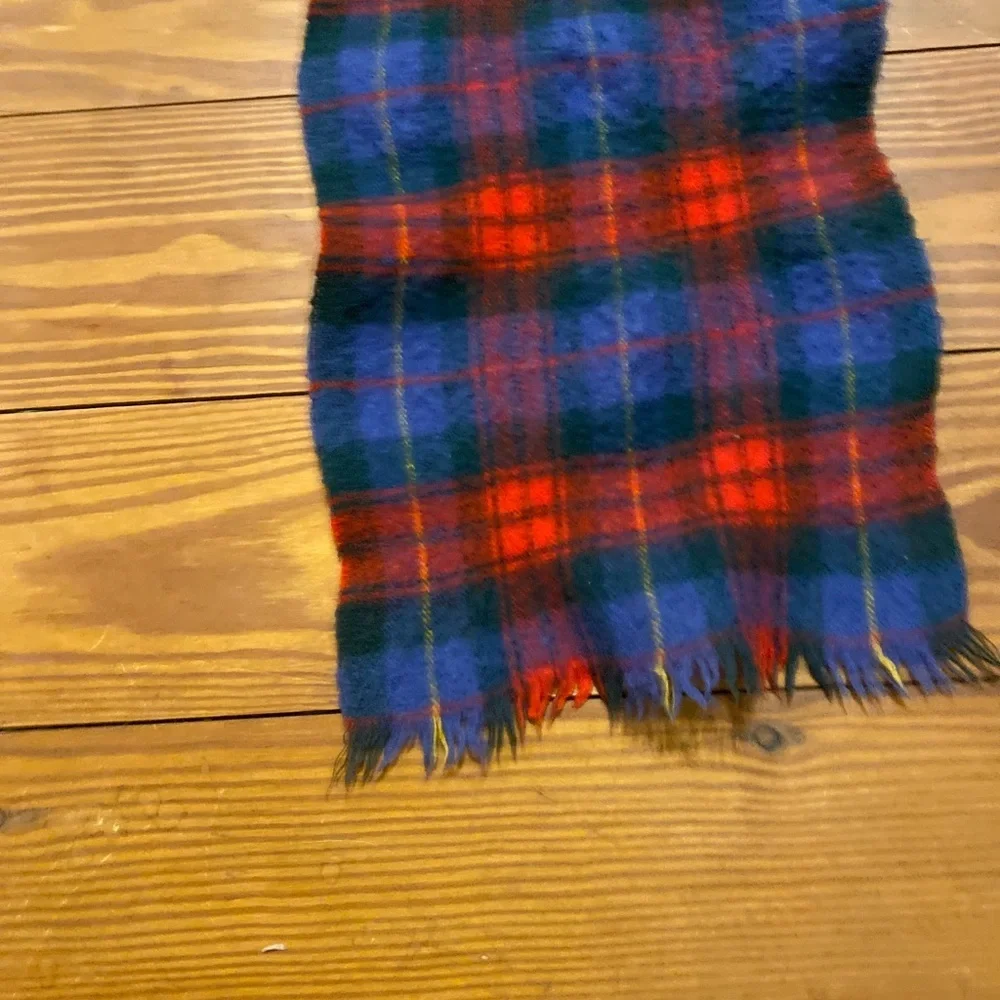 Wool Tartan Plaid Scarf Red and Blue Fringe